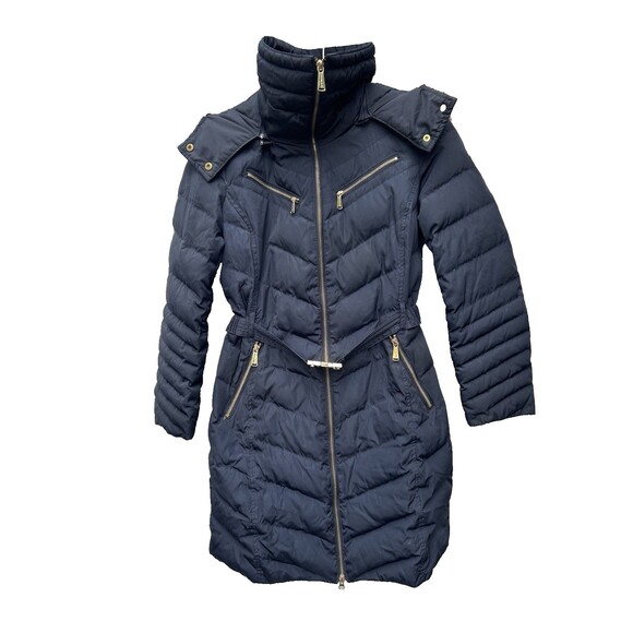 MICHAEL KORS Women's Faux-Fur-Trim Hooded Belted Chevron Down Puffer Coat Medium - Picture 1 of 11